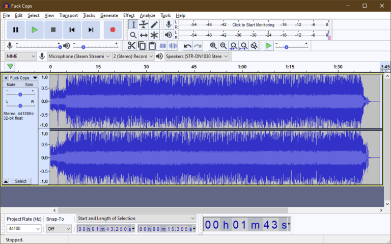 Adding the song to Audacity